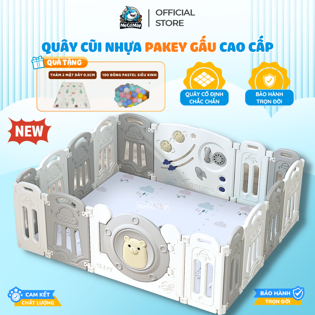 Quây Cũi Nhựa Gấp Gọn Pakey Gấu, Tặng100 BÓNG + THẢM+ GIỎ Mẫu Mới Nhất Bản Dày Dặn Nhiều Kích Thước