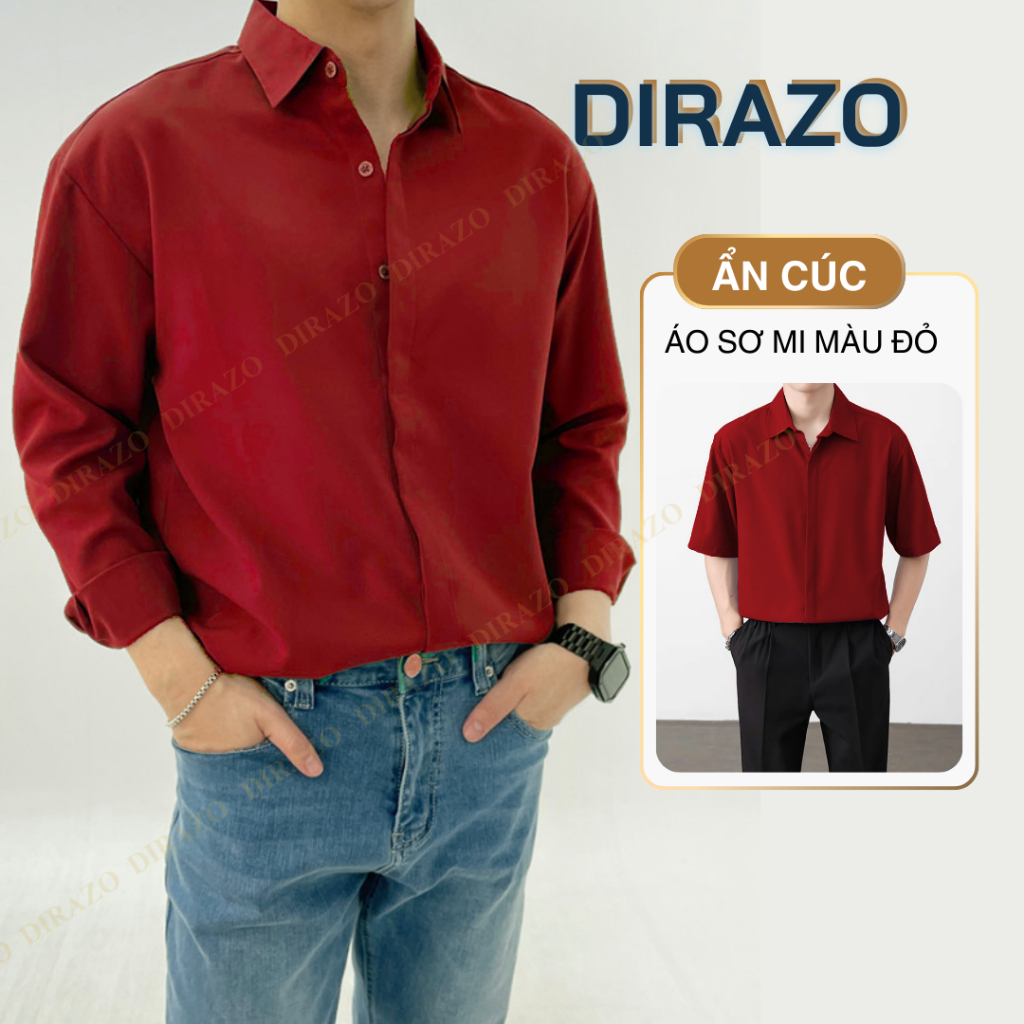 Áo sơ mi nam DIRAZO màu đỏ đô, form rộng, tay ngắn và tay dài - Shirt áo sơ mi nam màu đỏ hàn quốc