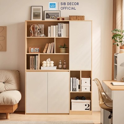 [Chỉ giao lắp tại TP.HCM] Tủ Sách Màu Trắng Sồi 3 Cánh Có Vách Hậu 119cm SIB Decor KSG77