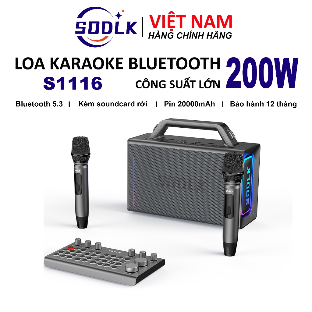 Loa Karaoke Bluetooth Sodlk S1116 công suất cao 200W, thời lượng phát lại 10 giờ, micro không dây kép, điều khiển từ xa