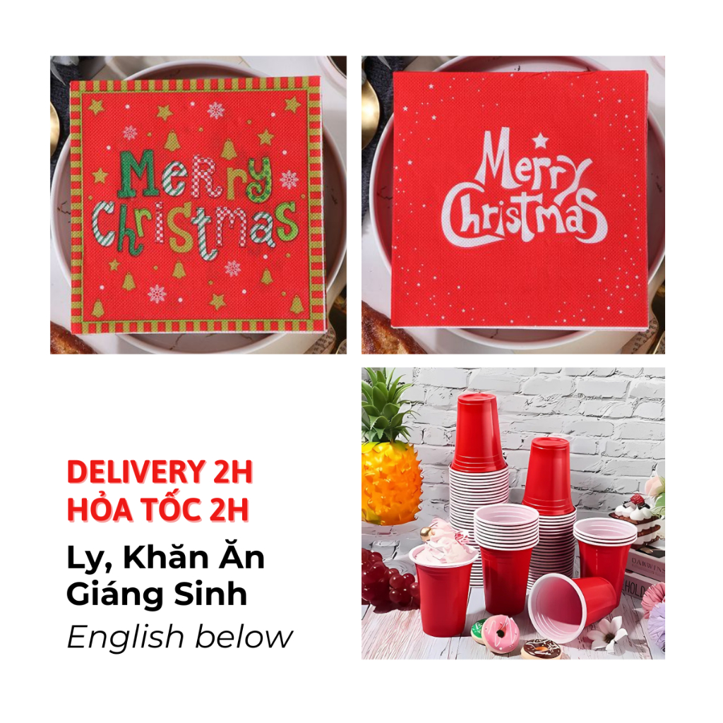 Khăn Ăn Và Ly Giáng Sinh Màu Đỏ, Xanh Lá - Green, Red Napkins And Cups For Christmas BBNE86