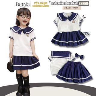 Set áo thun trắng kèm chân váy màu xanh xếp ly phong cách thủy thủ bé gái 1 đến 7t BERNIE H0924B04