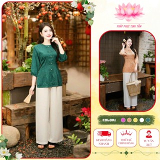 Đồ Lam Đi Chùa Tịnh Tâm, Pháp phục nữ  lụa cổ tròn vạt đứng, lụa tuyết nhung, Size 40-65kg,4 size S,M,L,XL