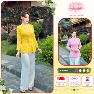 Đồ Lam Đi Chùa Tịnh Tâm, Pháp phục nữ  lụa XANH xoáy, lụa tuyết nhung cổ tàu cúc chuồn, Size 40-68kg,4 size S,M,L,XL