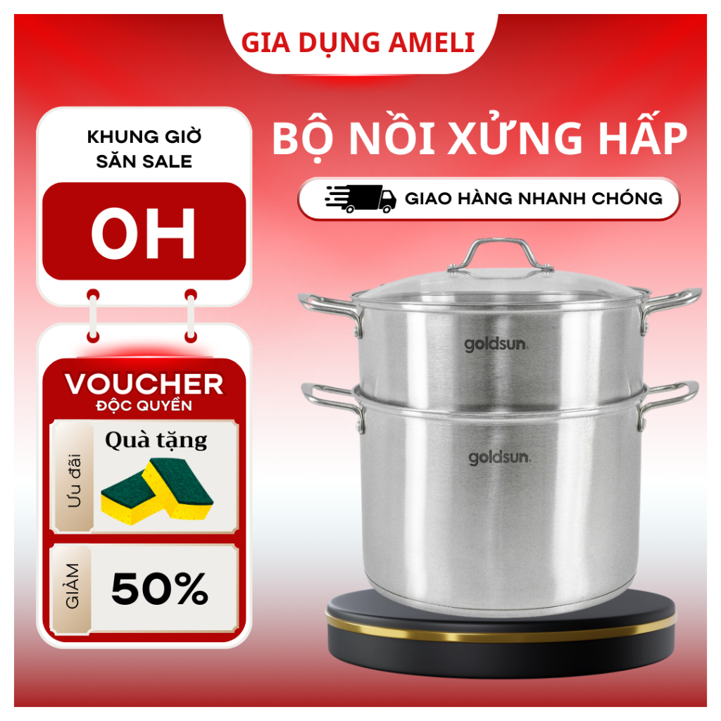 Bộ nồi xửng hấp Goldsun GPS1510 inox cao cấp đáy từ 3 lớp sử dụng trên mọi loại bếp