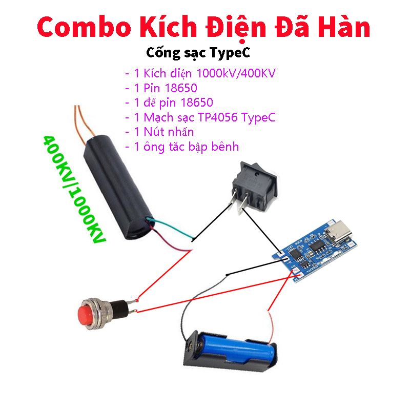 [COMBO ĐỦ BỘ] Kích Điện Cao Áp, Vào 3V7-6V ra 400KV/1000KV (Máy đánh lửa, dùi cui) - Module tăng áp