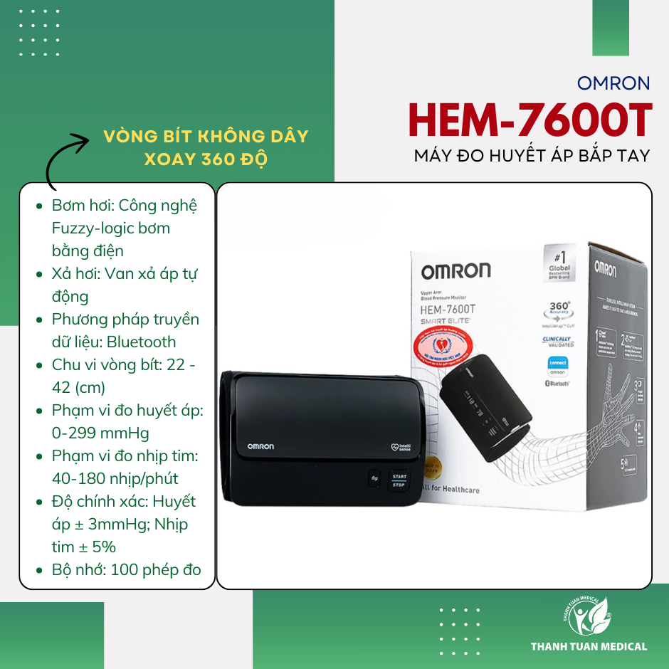 Máy đo huyết áp bắp tay cao cấp không dây Omron HEM-7600T, BH 5 năm