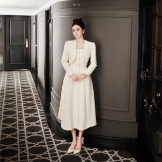 Onni Dress | Set áo khoác dạ kèm váy nữ thiết kế H.I.U Fashion | đầm dạ hàn ánh kim khuy cao cấp sang trọng HIU design