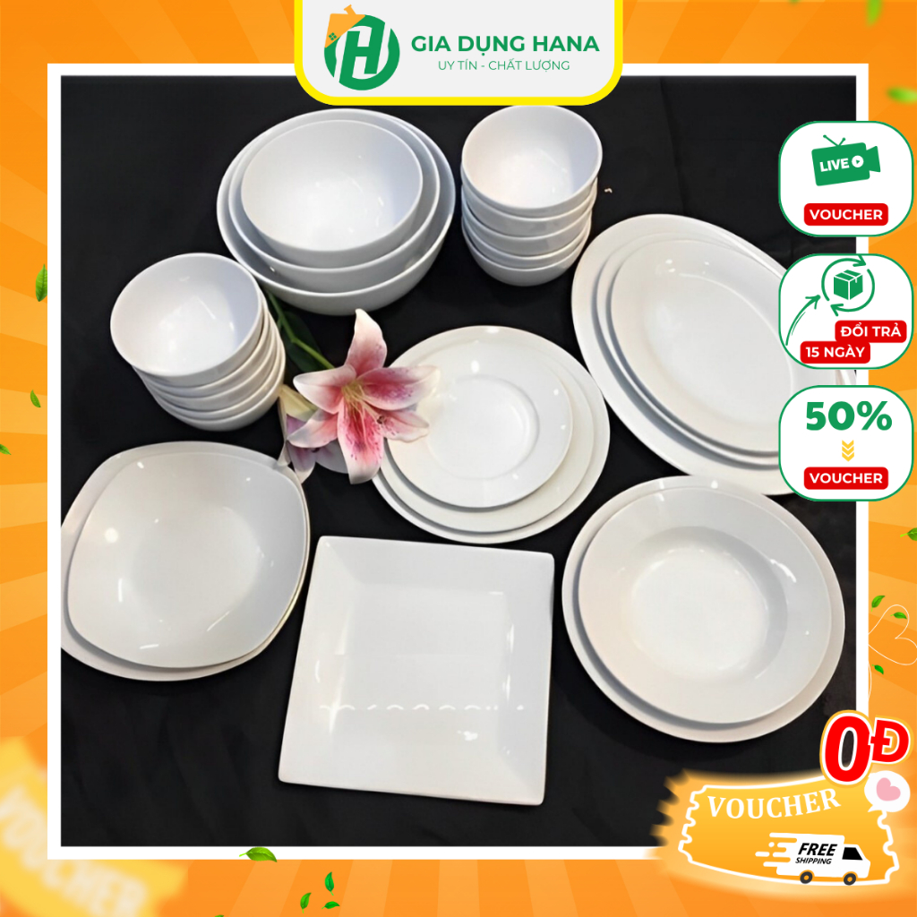 Bát Đĩa Tô Chén Sứ Trắng Trơn Ăn Cơm Gia Đình Sứ Tráng Men Xuất Khẩu Cao Cấp