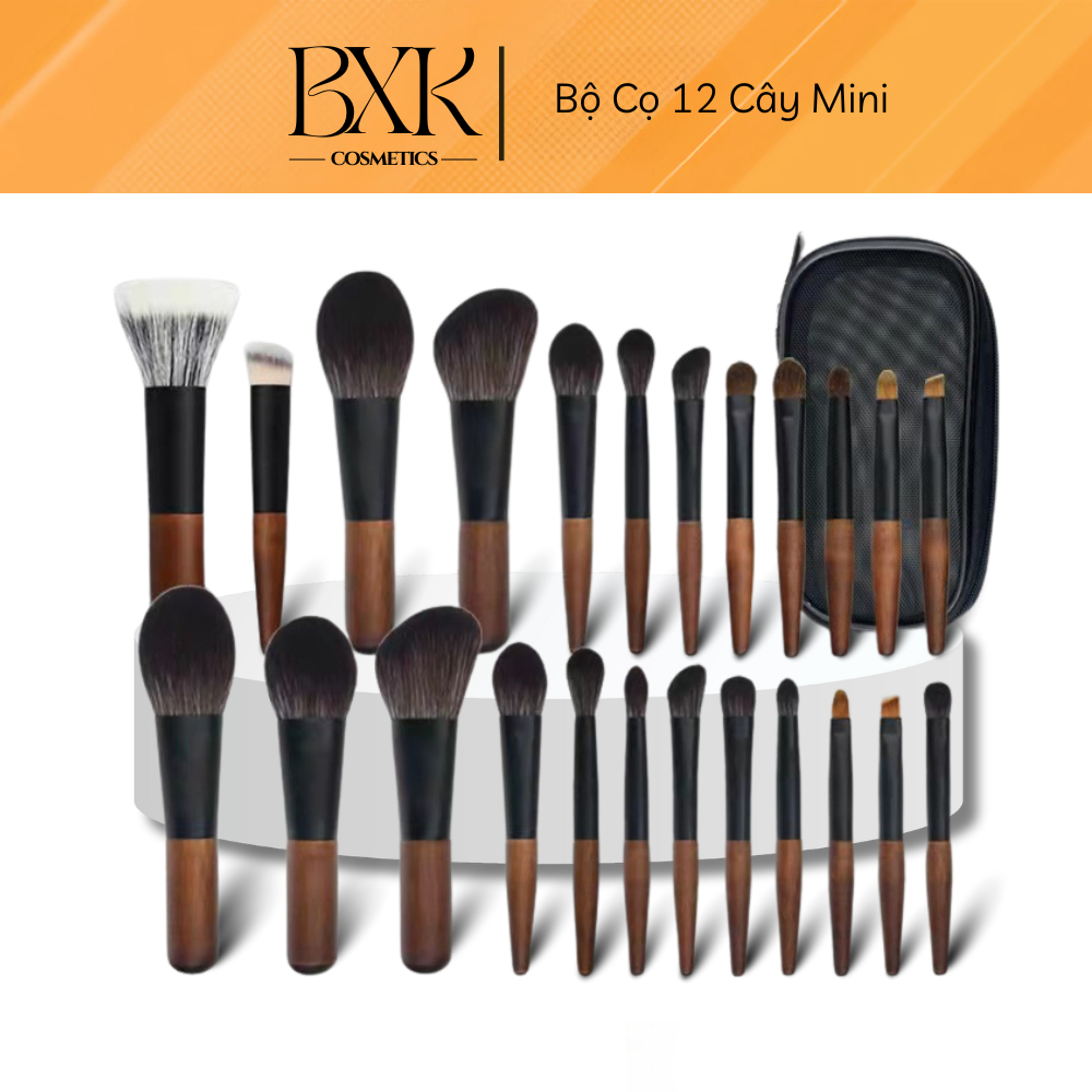 Bộ cọ trang điểm 12 cây mini thân gỗ chắc chắn kèm theo túi đựng tiện lợi BXK COSMETICS