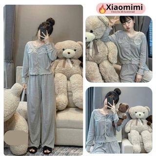  Đồ ngủ pijama chất cotton cổ tim áo túi ngực tim ren đồ bộ nữ dáng croptop phong cách tiểu thư HCOM3687 Xaiomimi 