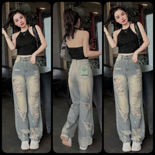 (S-2XL dài 104cm) Quần Jean Suông Nữ Lưng Cao Rách Nhiều Màu Xanh Vàng Bụi, Chất Jean Cotton Mềm nhẹ mặc thoải mái. 5619