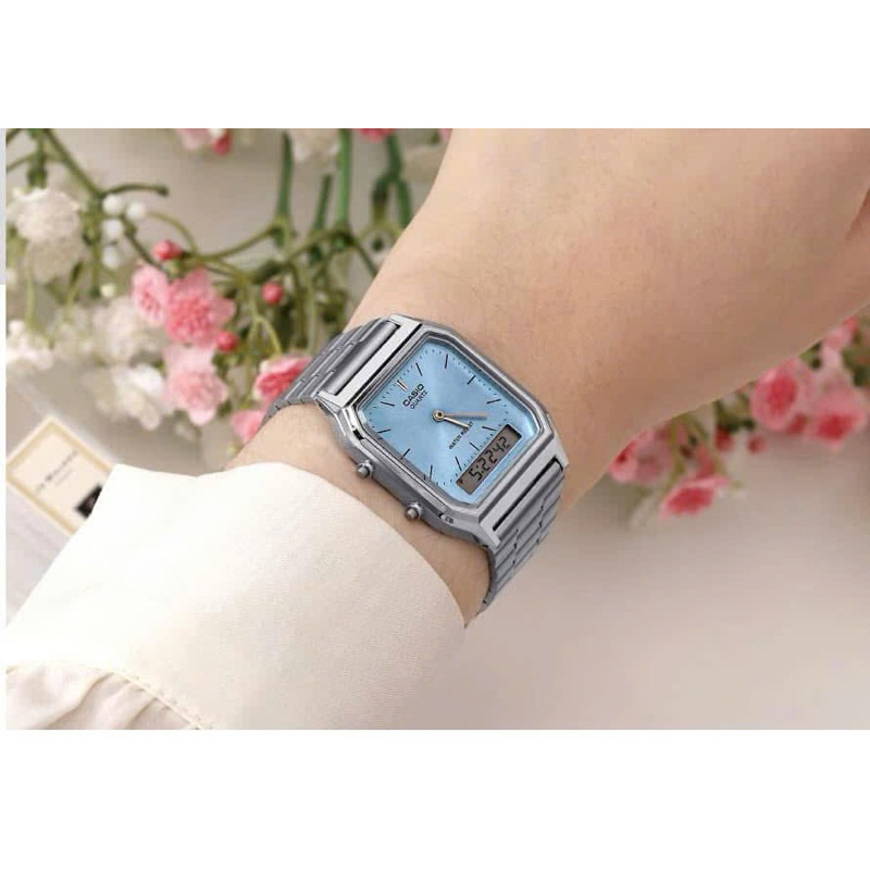 [Chính Hãng 100%] Đồng Hồ Nữ Casio AQ-230-2A1 Máy Quartz (Pin) Kính Nhựa Mặt Chữ Nhật Siz 38x30 Dây 