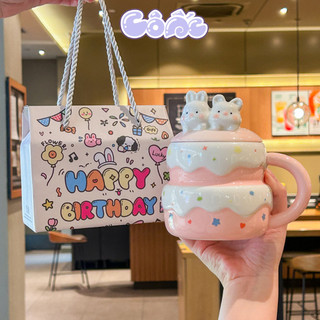 [Tặng hộp+thiệp] Cốc Gốm Sứ Hình Bánh Kem Họa Tiết Thỏ Cute Có Nắp Kèm Hộp Quà Tặng Sinh Nhật Ý Nghĩa C61