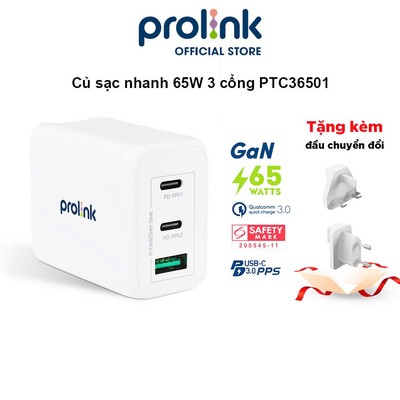 Củ sạc nhanh 65W PROLiNK PTC36501, 3 cổng (USB-A QC 4.0 & 2USB-C PD 3.0)  Intellsense, dùng cho điện thoại, iPad, Laptop