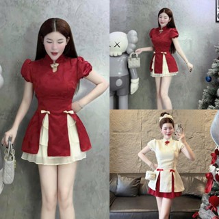 Set váy hot trend áo gấm cổ tàu tay ngắn nhún phồng tà xẻ đính nơ phối cùng chân váy tơ tầng dáng ngắn