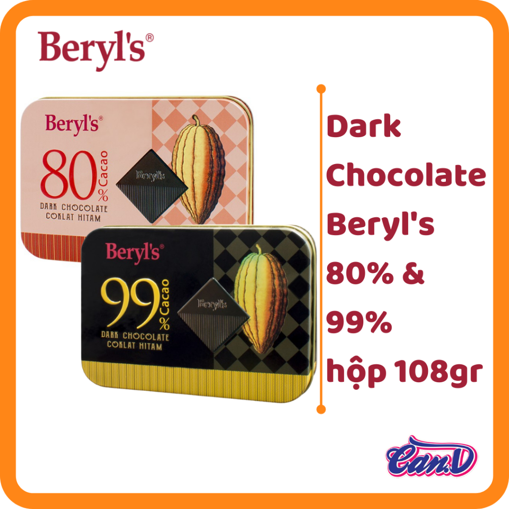 (2 vị) Dark Chocolate Beryl's hộp 108gr (80% & 99% Cacao)
