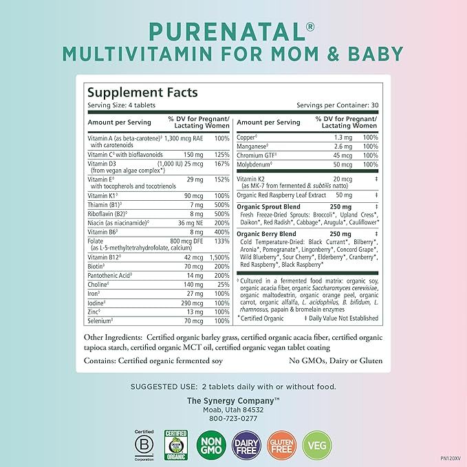 Viên Bổ Sung Vitamin Tổng Hợp Hữu Cơ Cho Mẹ Bầu Và Mẹ Sau Sinh Pure Synergy Purenatal Prenatal Multivitamin 120 viên