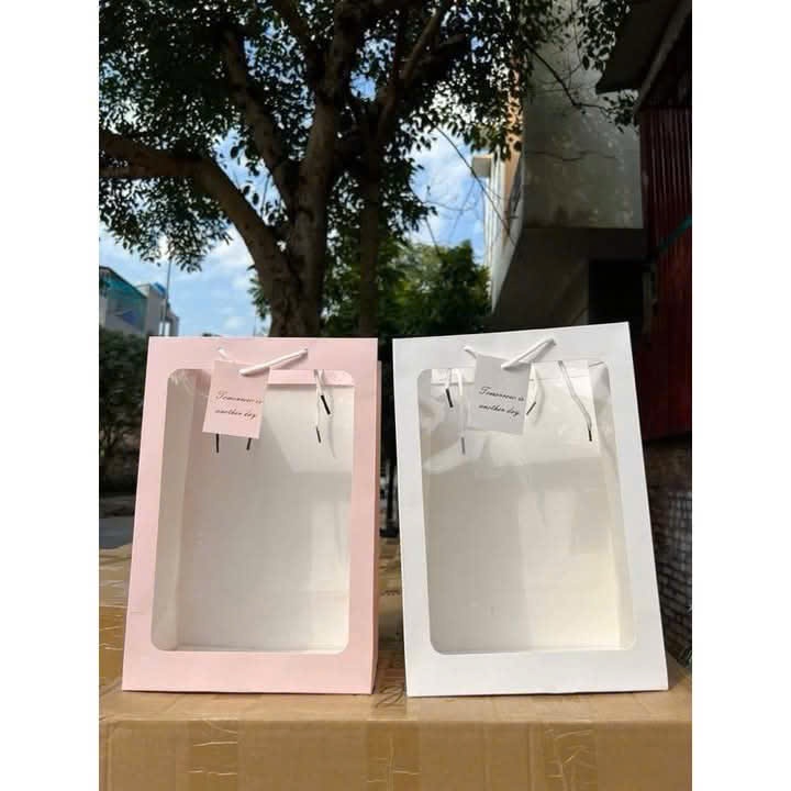 Túi giấy mặt kinh (Sét 5c). Kích thước 25x35x15. Đựng quà tặng, hoa, gấu bông. Màu trắng/hồng loại d