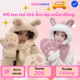 mũ tai thỏ dễ thương Mũ sưởi mùa đông len lông mịn cao cấp kèm khăn quàng cổ bao tay 3 trong 1(khăn ,mũ,gang tay)