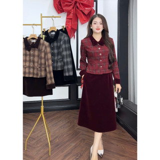  Set dạ công sở phối chân váy nhung  set ký giả công sở mùa đông cao cấp chất dạ phối nhung Emvy Fashion S101 