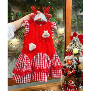 Váy đầm Noel Tết bé gái Labubu, chất liệu thun Conton và thô mềm thoải mái cho bé từ 10-40kg