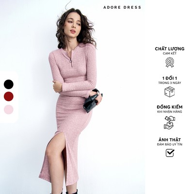 [ ADORE ] Chân váy midi xẻ trước thun tăm đen/đỏ đô /tím pastel 413SK2057