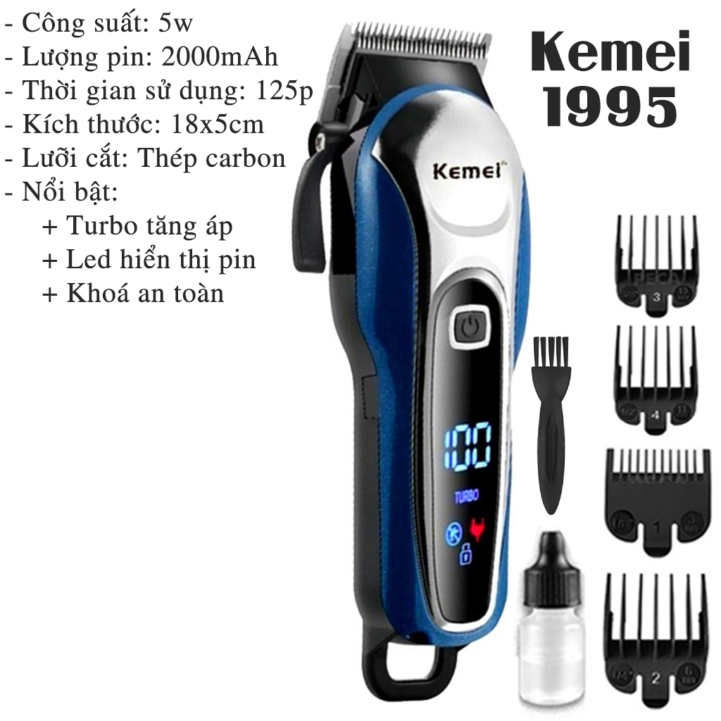Tông đơ cắt tóc chuyên nghiệp Kemei KM -1995- pin 2000mAH- Lưỡi cắt sắc và khỏe LCD hiển thị Pin - KM 1995