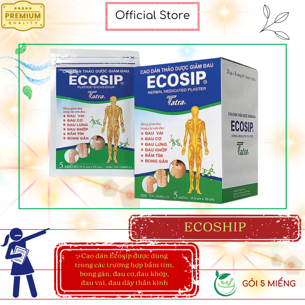 Cao dán thảo dược Ecosip, Yaguchi Tatra giảm đau vai, đau lưng (1 gói x 5 miếng)