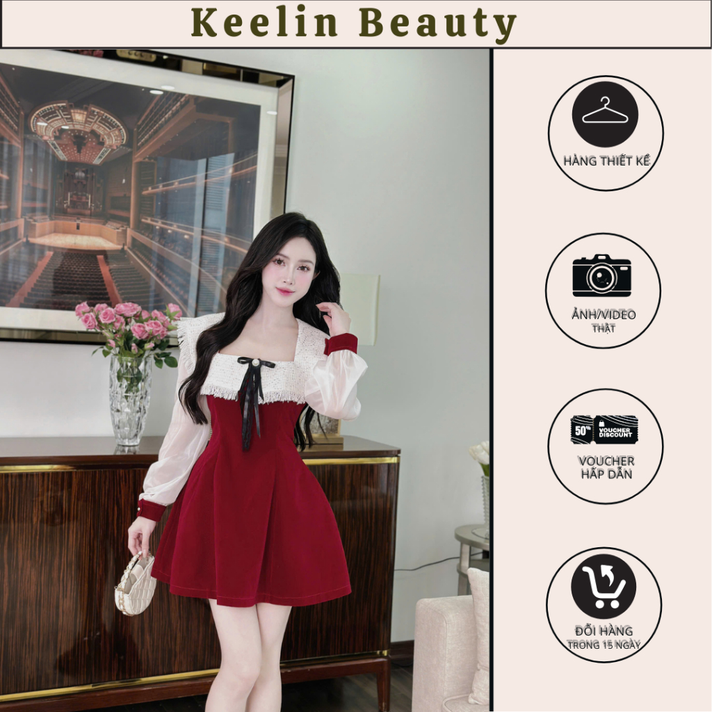Váy đầm nhung basic tay voan thiết kế cổ vuông cao cấp, công sở, sang chảnh KEELIN BEAUTY N194