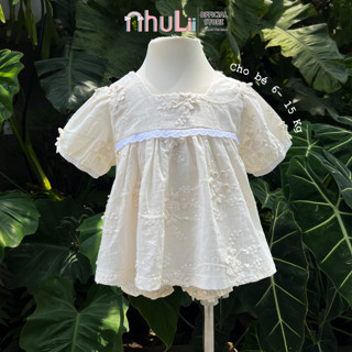 Set đồ bé gái NHULII Set áo váy babydoll quần rời thêu hoa xinh xắn cho bé 6 đến 15 kg NI076