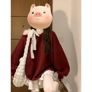 Áo Nỉ Sweater Nữ Thu Đông, Áo Nỉ Sweater Lệch Vai Thắt Nơ Chất Nỉ Bông Dày Dặn Tay Bồng Form Rộng Phong Cách Hàn Quốc