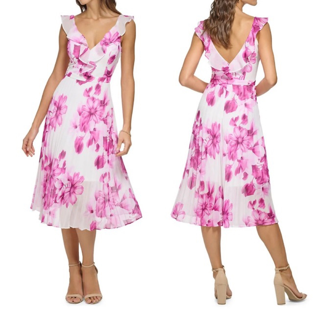 ĐẦM CHIFFON HOA HỒNG CỔ V