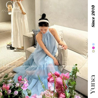 Đầm Maxi Đi Biển Cổ Yếm Xanh-Hồng Thắt Nơ Sau Form Xoè Rộng Hàng 2 Lớp, Váy Maxi Tơ Cổ Yếm Dáng yuna68 D008