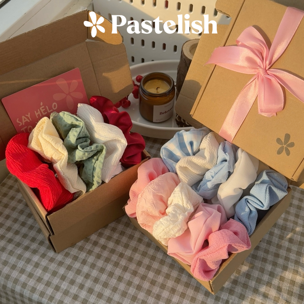  Set HỘP 10 dây cột tóc Scrunchies Pastelish - COMBO TIẾT KIỆM  Chun cột tóc đủ loại vải: Nhung lụa hoa nhí,..  