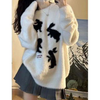  Áo Len Lông Thỏ Hoạ Tiết Con Thỏ Dáng Dài Tay Cổ Tròn Áo Lông Nữ Dáng Rộng Thời Trang Ulzzang 