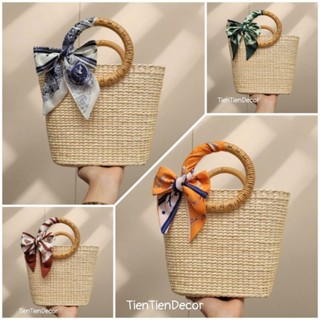 Túi cói lục bình bò mắt na thắt khăn vintage size 28 có lót vải và khóa kéo