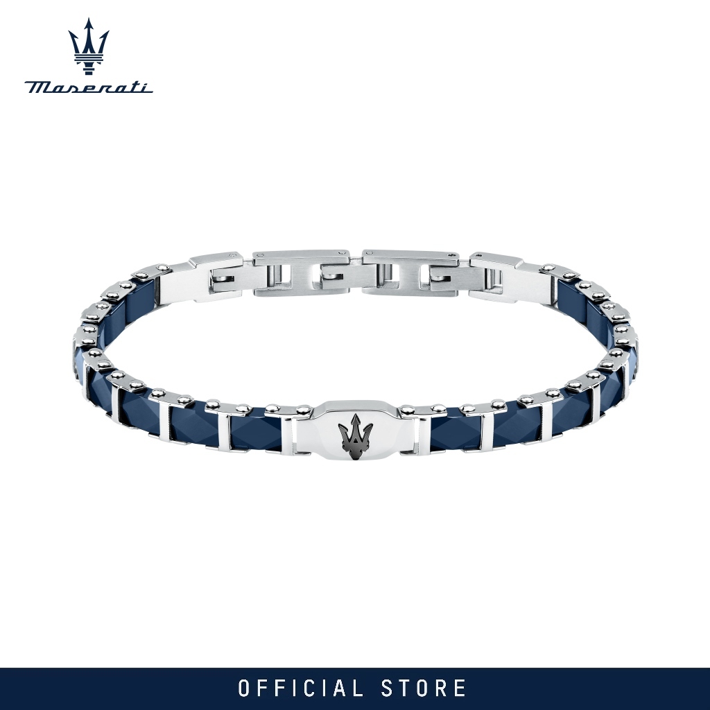 Vòng tay nam Maserati Jewels 185+30 mm, thép không gỉ, gốm xanh, logo đen, mã JM424ATZ45 (Có thể điề