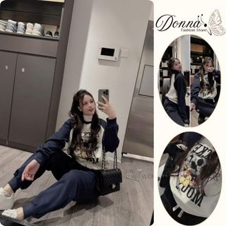  set đồ nữ mùa đông  đồ bộ nữ in hình mikey màu xanh than  đen dài tay cổ tròn chất nỉ cao cấp Donna hcom3709 