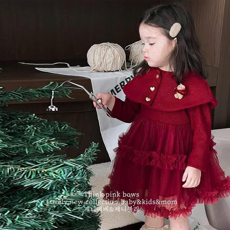 váy bé gái, váy len điệu phối ren xoè kết hợp áo choàng len