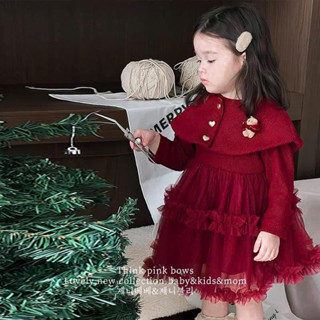 váy bé gái, váy len điệu phối ren xoè kết hợp áo choàng len