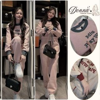  đồ bộ nữ  set đồ nữ mùa đông chất nỉ mền mại phối quần suông cạp chun áo in chữ cổ viền xinh xắn Donna hcom3711 