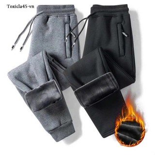 Quần nỉ lót lông cừu, quần jogger nỉ lông nam nữ cao cấp, vải trơn không xù giữ ấm mùa đông dáng xuông và bo gấu