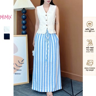 Set Bộ Gile Nữ MIMIX Áo Kiểu Vest Trơn Kèm Chân Váy Kẻ Sọc Dáng Dài 3 Size Chất Linen Năng Động EU8289