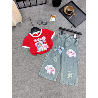 (12-35kg) Sét áo cotton kèm quần jean in hình BABY THREE cho bé gái
