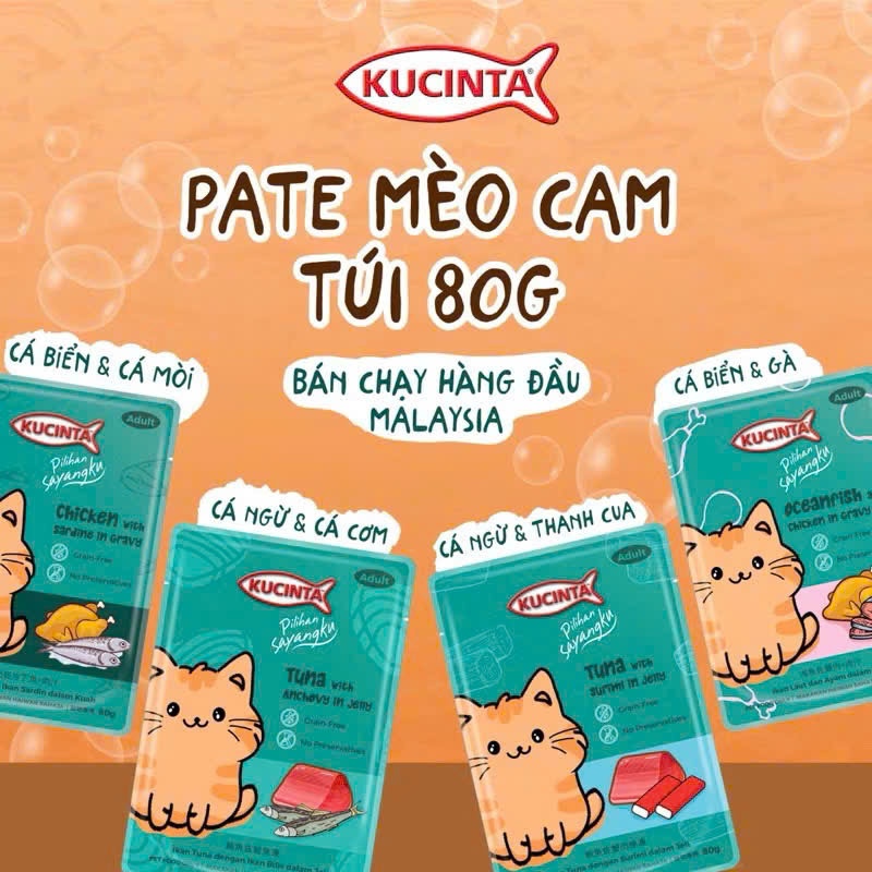 Pate Cho Mèo KUCINTA Gói 80g - Pate Kucinta Vị Cá Ngừ & Gà Nhập Khẩu Malaysia