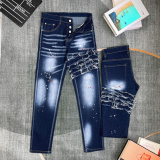 Quần dài jean DSQ Nam xanh 4 cúc phối họa tiết khuyết tật ,chất bò co giãn xịn phong cách thời trang, chuẩn hàng