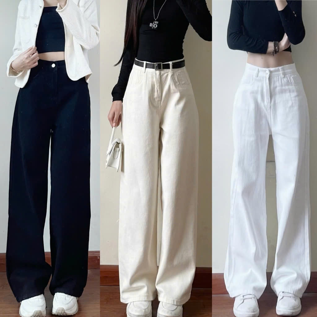 Quần jeans bò màu kem ống suông rộng phong cách Hàn Quốc - 247store | BigBuy360 - bigbuy360.vn