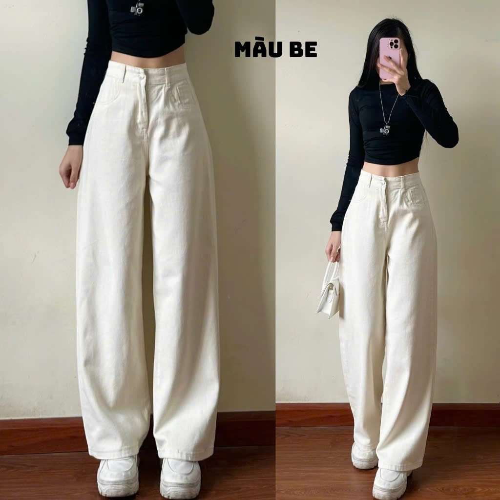 Quần jeans bò màu kem ống suông rộng phong cách Hàn Quốc - 247store | BigBuy360 - bigbuy360.vn