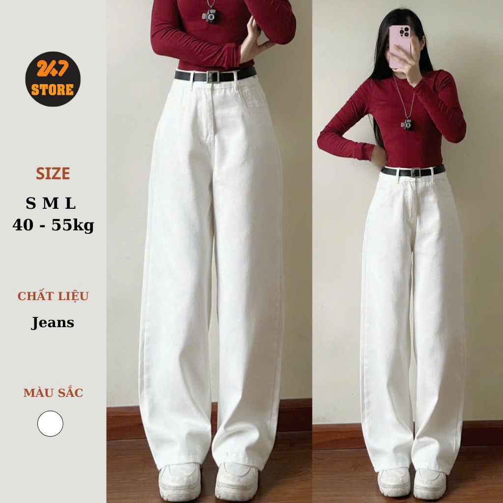 Quần jeans bò màu kem ống suông rộng phong cách Hàn Quốc - 247store | BigBuy360 - bigbuy360.vn